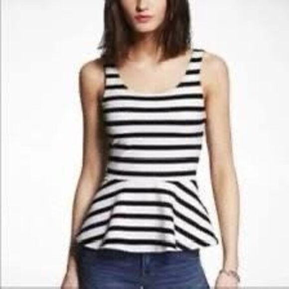 EXPRESS Women’s Black White Striped Sleeveless Peplum Tank Top Size Small - Picture 1 of 7